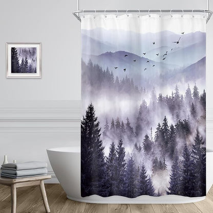 Riyidecor Purple Shower Curtain 48Wx72H Inch,Stall Narrow Rv Small Nature Mountain Woods,Rustic Landscape Scenery Pine Tree Natural Woodland Bathroom Decor Fabric Polyester Waterproof 12 Pack Hooks