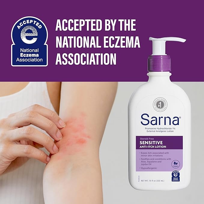 Sarna Sensitive Steroid-Free Anti-Itch Lotion for Dry Irritated Skin, Fragrance free - 7.5 Fl Oz