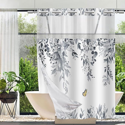 No Hook Shower Curtain and Liner Set, Blue Grey Eucalyptus Floral Shower Curtains for Bathroom, Bath Curtain Sets with Snap in Liner, Waterproof with See Through Top Window, 71x74 Inches