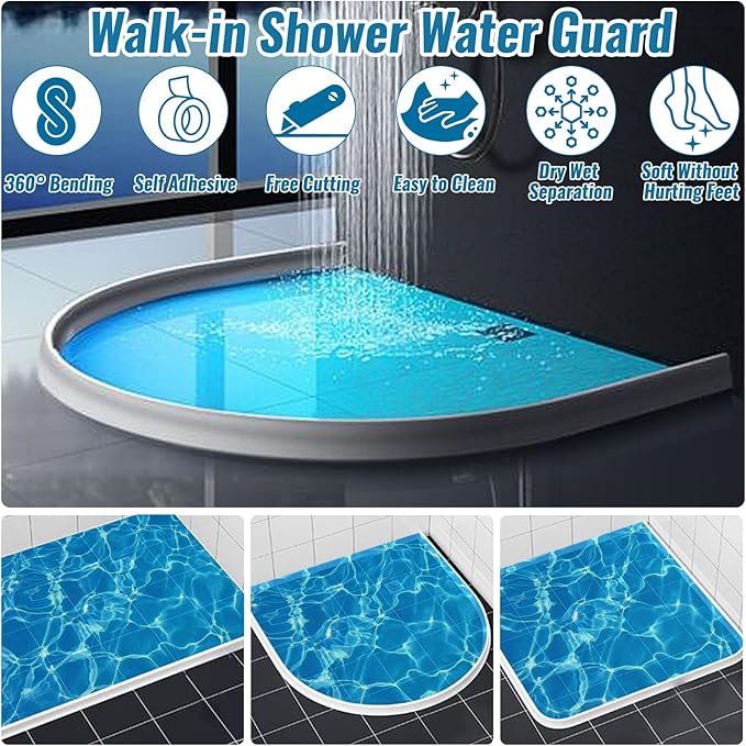 3" High Shower Threshold Water Dam 39" Long Collapsible Shower Water Splash Guard Self-adhesive Shower Barrier Bath Water Stopper To Keep Dry and Wet Separation Bathroom Kitchen (3.3Ft)