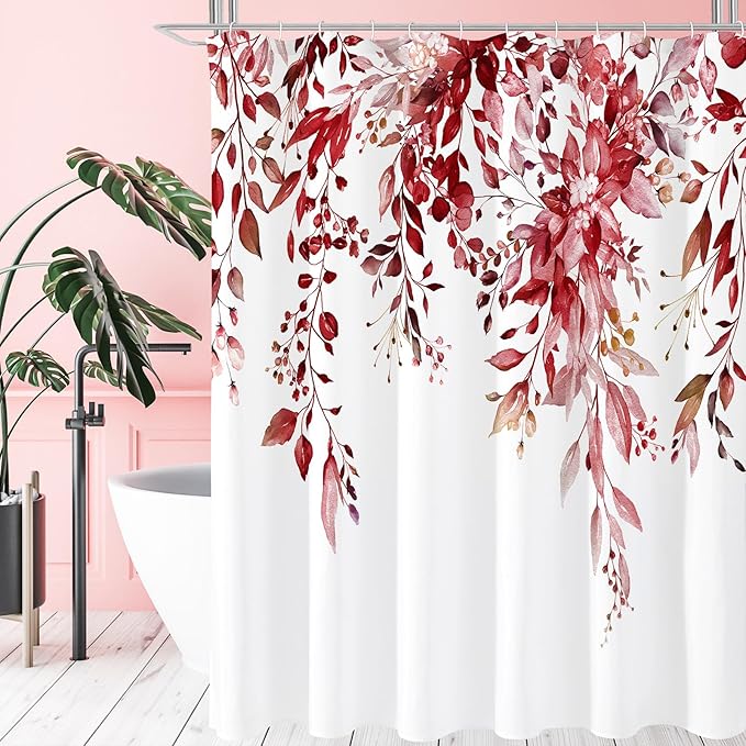 Gibelle Extra Long Shower Curtain 72 x 84, Tall Burgundy Red Floral Shower Curtain for Bathroom, Watercolor Plant Eucalyptus Leaves Fabric Shower Curtain Set