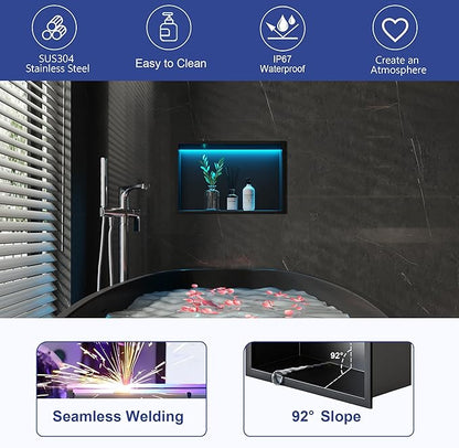 RGB LED Light Shower Niche, Matte Black 18X12 in Stainless Steel Recessed Storage with Remote Control, Waterproof No Tile Needed Wall Niche for Bathroom Storage Built-in Installation