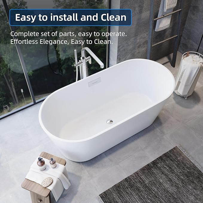 67 Inch Freestanding Bathtub, Acrylic Soaking Bathtub with Chrome Drain and Overflow, Standalone Ergonomic Tub for Bathroom Relaxation, Deep Design for Family and Guest Use