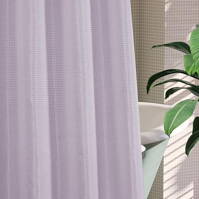MitoVilla No Hooks Needed Extra Long Shower Curtain Liner Set, Purple 86 inch XL Heavyweight Waffle Fabric Cloth Shower Curtains Set with Snap-in Liner for Modern Luxury Hotel & Spa Bathroom Decor
