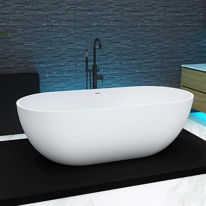 69'' Freestanding Tubs Bathtub Solid Surface Resin Stone Bathtubs soaker Tubs Oval Shaped Matte Luxury Modern Soaking Tub with Overflow and Pop-up Drain - White…