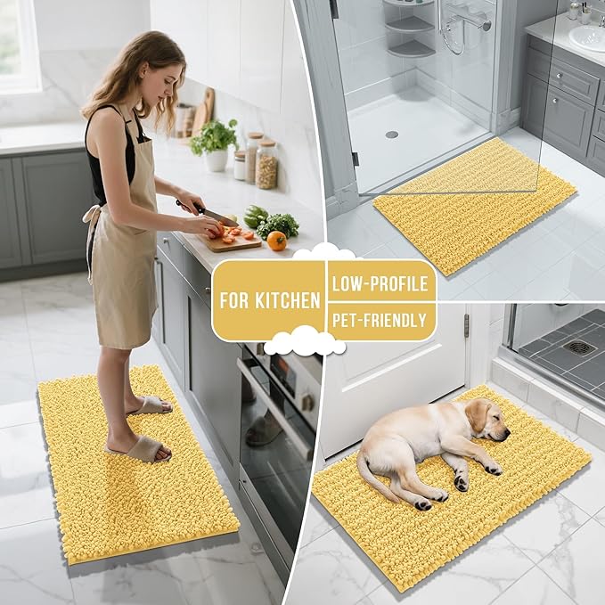 Yimobra Bathroom Rugs Non Slip Washable - Ultra Soft Absorbent Chenille Bath Mat, Quick Dry Shaggy Floor Carpet for Tub Shower, Yellow Home Decor Accessories, 24x17 Inch