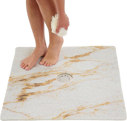 Enkosi Loofah Shower Mat with Drain Hole – Cushioned Anti-Slip Square Bath Mat for Showers, and Bathroom Floors – Textured PVC, Non Slip Safety Pad for Walk-In Stalls and Wet Areas (27x27 Marble Gold)