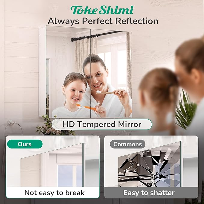 TokeShimi 48x24 Medicine Cabinet Mirror with Storage Tempered, Aluminum Surface Mount or Recessed Medicine Cabinet White with Adjustable Shelves for Bathroom Vanity Modern Farmhouse