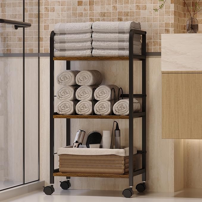 Towel Rack Free Standing Rolling 3-Tier with Removable Dividers & 2 Brake Wheels, Mobile Bathroom Storage Organizer with 3 Wood Shelves for Towels, Toiletries, Poolside Towel Holder