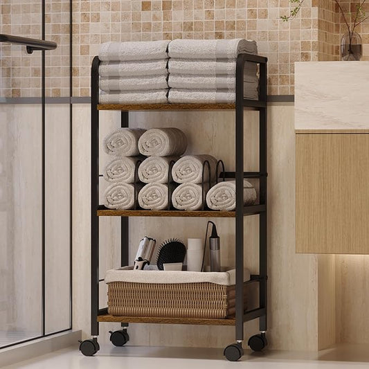 Towel Rack Free Standing Rolling 3-Tier with Removable Dividers & 2 Brake Wheels, Mobile Bathroom Storage Organizer with 3 Wood Shelves for Towels, Toiletries, Poolside Towel Holder