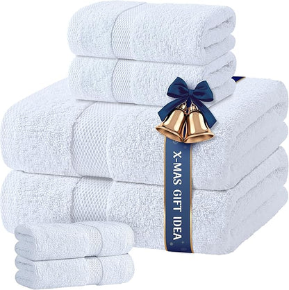 White Bath Towel Set of 6 - 100% Cotton Highly Absorbent Towels for Bathroom, 2 Luxury Bath Towels 650GSM, 2 Hand Towels, 2 Washcloths