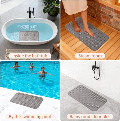 Anti-Slip Bathtub Shower mat, 27.5×14.5（Approximately 70×37cm） inch Soft Oversized Machine Washable Non-Slip Bathtub mat with Drainage Holes, Bathroom Floor Suction Cup.（1-Clear Gray）