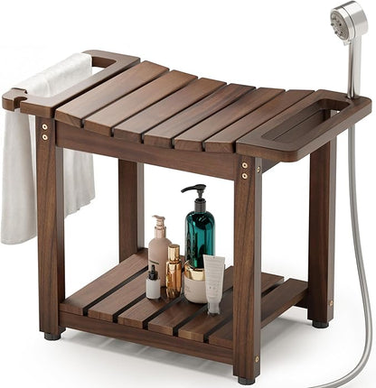 BLUEWEST Shower Bench Seat with Storage Shelf, Natural Wood Shower Benches for Inside Shower to Sit on, Waterproof Bathroom Spa Bench Stool for Legs Shaving with Built-in Handle & Shower Head Holder