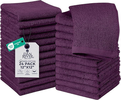 DAN RIVER 24 Pack Wash Cloths for Showering [12x12] - 100% Cotton Washcloths Premium Quality Flannel Face Cloths for Bathroom, Highly Absorbent and Soft Feel Wash Clothes, Purple Passion