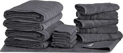 Mosobam Luxury Turkish 14pc Deluxe Bath Bundle Body Hand Face Towel and Mat Charcoal Gray (Dark Grey) 700 GSM & 1000 GSM Bamboo Viscose & Aegean Turkish Combed Cotton
