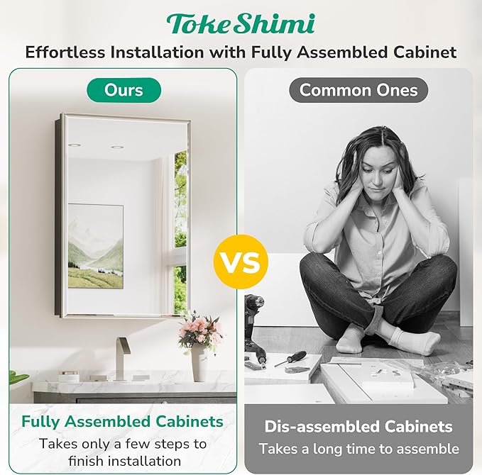 TokeShimi 24x30 Bathroom Mirrored Medicine Cabinet, Recessed Medicine Cabinet with Mirror, Aluminum Framed Brushed Nickel Mirror with Storage Adjustable and Quiet Hinge