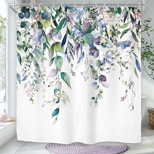 Riyidecor Teal Shower Curtain for Bathroom Decor 72Wx72H Eucalyptus Leaves Plants Navy Watercolor Floral Rustic Botanical Spring Nature Art Printed Fabric Polyester Waterproof 12 Pack Plastic
