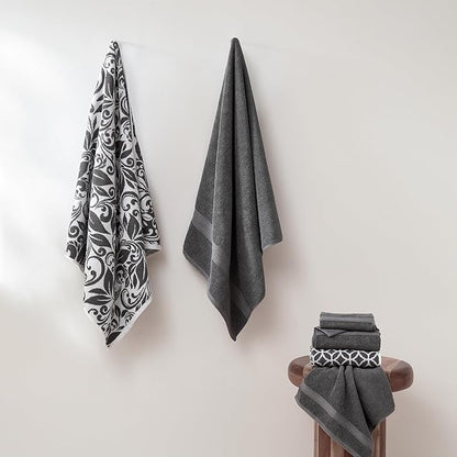 Modern Threads Trefoil Filigree 6-Piece 100% Cotton Towel Set – Reversible Yarn Dyed Jacquard – Includes 2 Bath Towels, 2 Hand Towels, 2 Washcloths – Absorbent, Quick Dry, Soft & Durable – Dark Gray