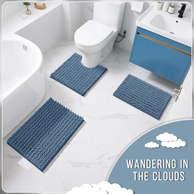Yimobra Bathroom Rugs Sets 2 Piece - Quick Dry Extra Thick Luxury Chenille Bath Mat, Non Slip Super Absorbent for Tub Shower Sink, Machine Washable Shaggy Floor Mat, 32"x20"+24"x17" Inch, Denim Blue