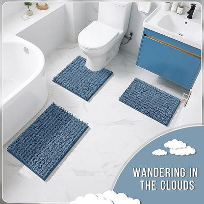Yimobra Bathroom Rugs Sets 2 Piece - Quick Dry Extra Thick Luxury Chenille Bath Mat, Non Slip Super Absorbent for Tub Shower Sink, Machine Washable Shaggy Floor Mat, 32"x20"+24"x17" Inch, Denim Blue