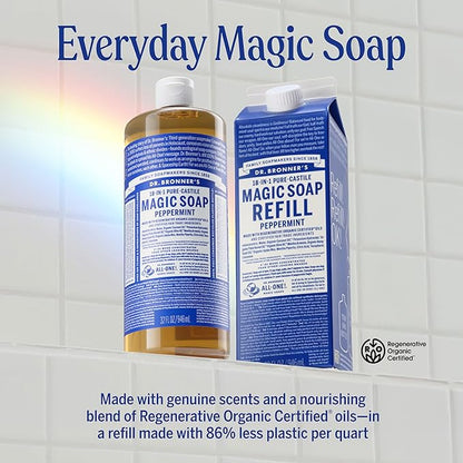 Dr. Bronner's Pure-Castile Liquid Magic Soap Bottle & Refill Carton - Made with Regenerative Organic Certified Oils- 18-in-1 Uses for Face, Body Wash, Hand Soap Refill- Peppermint, 32oz