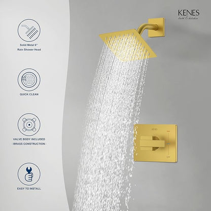 KENES Brushed Gold Shower Faucet, Modern Square 6-Inch Shower Head and Handle Set, Bathroom Rainfall Shower System Wall Mount, KE-6025B-4 (Including Shower Valve)