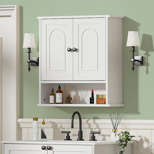 Bathroom Medicine Cabinet,2 Doors White Bathroom Wall Cabinet with Arched,Over Toilet Storage Cabinet for Laundry Room/Kitchen/Living Room,Surface Mount Medicine Cabinets 23x24