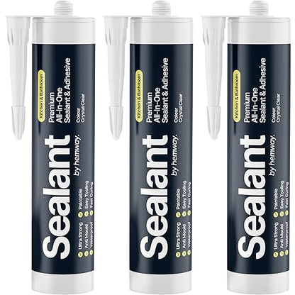 Crystal Clear Kitchen & Bathroom Sealant & Adhesive Hybrid Polymer | Superior to Silicone Caulk Sealant | Waterproof, Odorless, Paintable | Ideal for Around Bathtub, Shower, Kitchen - 300ml 3 Pack