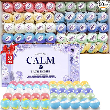 TranquilBliss Bath Bombs for Women, 50 PCS Set with 10 Rich Scents, Natural Bubble Bathbombs, Dry Skin Moisturizing, Present for Christmas, Mother’s Day, Birthday, for Mom, Wife, Her, Girls