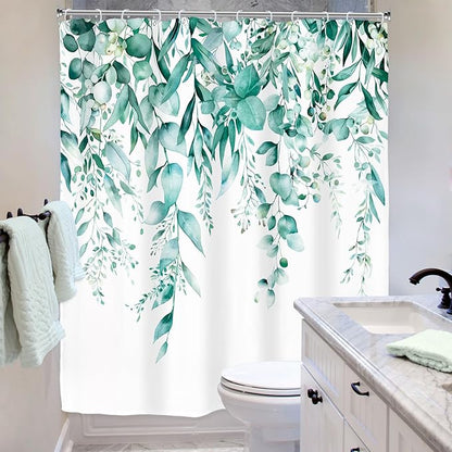 Riyidecor Teal Eucalyptus Leaves Shower Curtain for Bathroom Decor 60Wx72H Botanical Plants Spring Flower Herbs Botany Floral Art Printed Fabric Polyester Waterproof 12 Pack Plastic