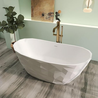 64" Premium Modern Solid Surface Free Standing Bathtubs, Unique Matte White Stone Resin Soaking Tub with Pop-up Drain
