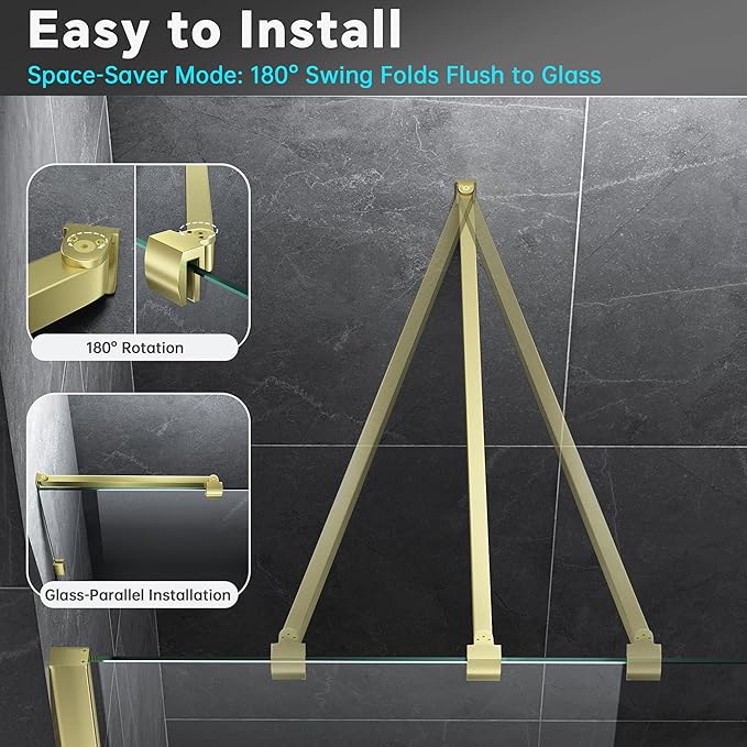 Frameless Shower Door Support Bar, Stainless Steel Wall-to-Glass Support Arm to Fixed Shower Glass Panel, for 1/4"-3/8" (6-10 mm) Door, 180° Pivot & Stow-Flat Mode (Brushed Gold, 51.2-inch(1300mm))
