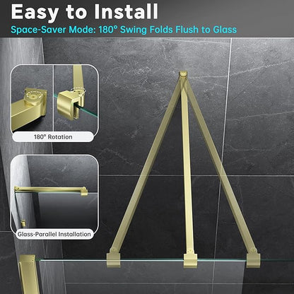 Frameless Shower Door Support Bar, Stainless Steel Wall-to-Glass Support Arm to Fixed Shower Glass Panel, for 1/4"-3/8" (6-10 mm) Door, 180° Pivot & Stow-Flat Mode (Brushed Gold, 51.2-inch(1300mm))