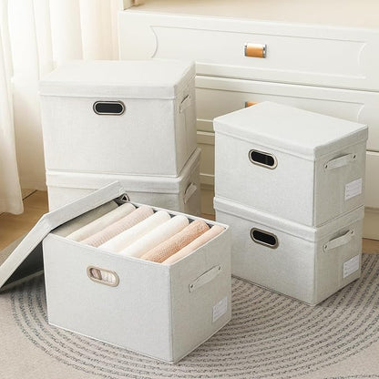 PRANDOM Collapsible Storage Bin with Lid [5-Pack] Fabric Foldable Storage Box Organizer Container Basket Cube with Cover for Home Bedroom Closet Office Beige(15.3x10x9.7)
