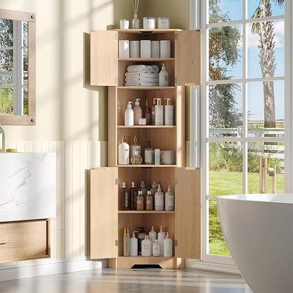 Fameill Tall Corner Cabinet with 2 Doors and 2 Open Storage Shelves, 68” Corner Storage Cabinet with Fluted Door Design, Home Space Saver for Living Room, Bathroom, Kitchen, Laundry, Natural Oak Color