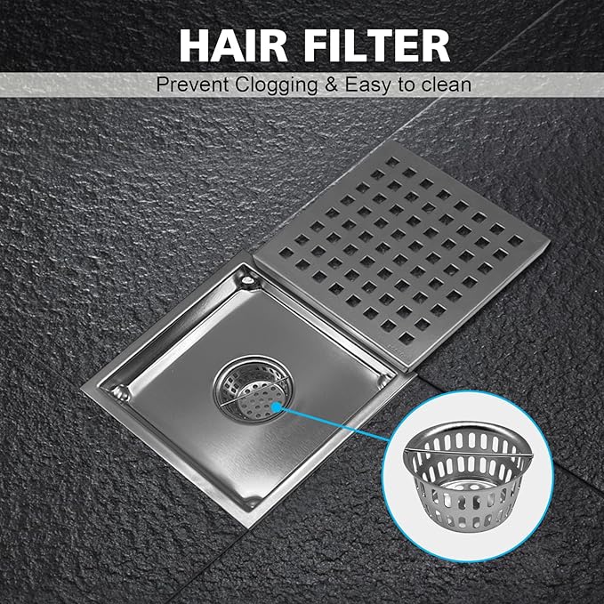 4 Inch Square Shower Drain with Flange, Removeable Grate SUS 304 Stainless Steel Shower Drain with Hair Catcher (Brushed Nickel, 4 Inch)