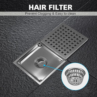 4 Inch Square Shower Drain with Flange, Removeable Grate SUS 304 Stainless Steel Shower Drain with Hair Catcher (Brushed Nickel, 4 Inch)
