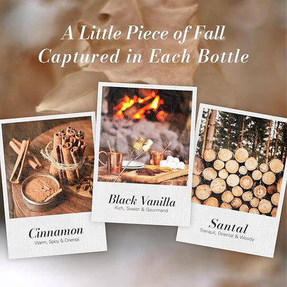 JCLOUD Fall Essential Oils for Diffusers for Home, Autumn Scented Fragrance Oils Gift Set, Incl. Black Vanilla, Cinnamon & Santal Aromatherapy Diffuser Oils - Spicy, Woody & Oriental Scents, 6 * 10mL