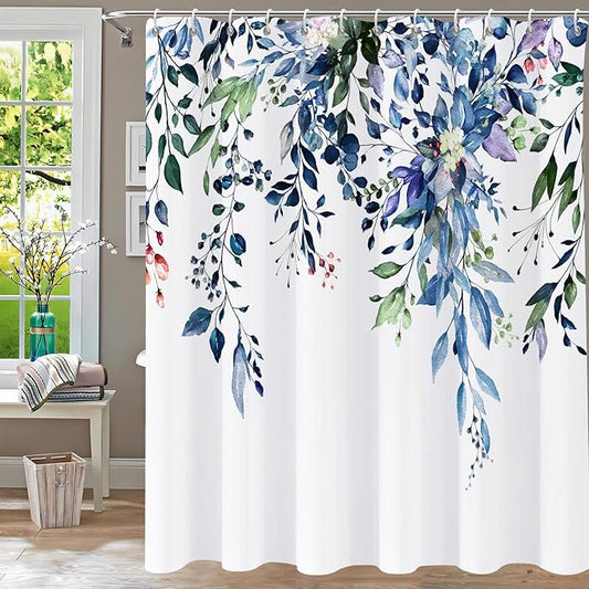 Shower Curtain Blue Green Eucalyptus Shower Curtains for Bathroom, Watercolor Leaf Shower Curtain Sets Waterproof Plant Shower Curtain Leaves Fabric Cloth Bathroom Curtains 72x72 inch with Hooks