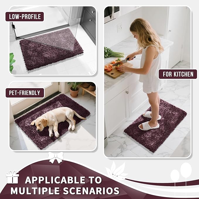Yimobra Chenille Bathroom Rugs Non Slip, Extra Thick Soft Absorbent Bath Rug, Machine Washable Quick Dry Bath Mat for Bathroom Floor, Tub and Shower, Home Decor Accessories, 24x17, Purple Grey