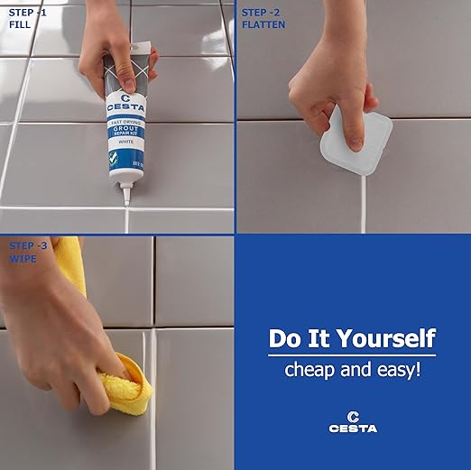 Cesta Grout Repair Kit – Squeeze Tube, Fast Drying, Waterproof Tile Grout Paint to Restore & Renew Tile Joints Line for Bathroom, Kitchen, Shower & Floor Tile (White, 8.8 oz)