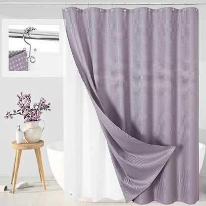 3 in 1 Long Purple Shower Curtain Set-72 W x 78 H, Lavender Waffle and PEVA Liner Set with 12 Stainless Steel Hooks, Waterproof Fabric for Bathroom