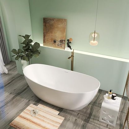 73" Premium Solid Surface Freestanding Bathtub, Contemporary Design Stand Alone Stone Resin Tub with Overflow and Pop-up Drain, Matte White