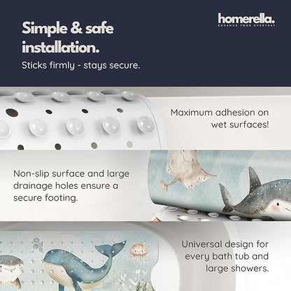 Homerella Baby Bath Tub Mat | Anti Mold Mildew Resistant Non Slip Kids and Adult Bath Tub Shower Mats | 40x16 inch Long with Suction Cups for Secure Grip Hooks for Storage & Drying | Machine Washable