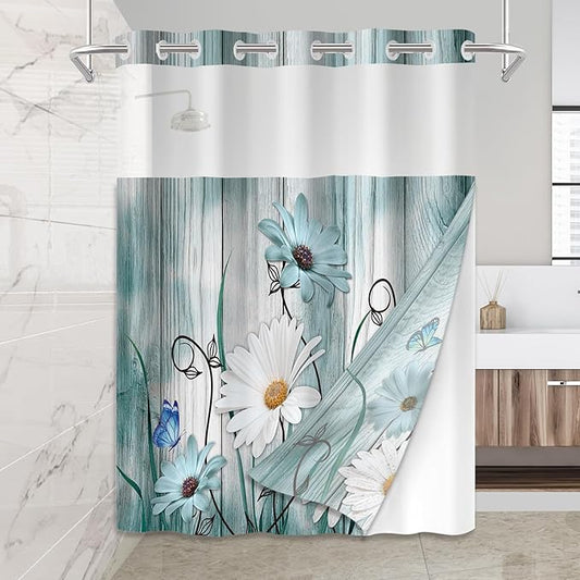 No Hook Shower Curtain Set with Snap in Fabric Liner for Bathroom,with See Through Top Window,Double Shower Curtain with Detachable Liner Replacement,Machine Washable,Daisy Flower,71x74inch