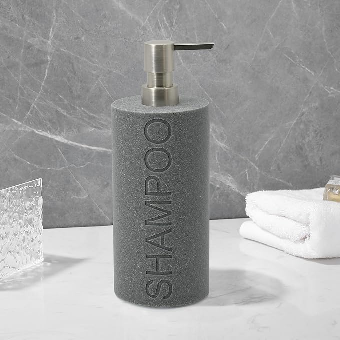 Resin Neutral Gray Sandstone Shampoo Engraved Bottle Refillable Pump Dispenser, Durable Waterproof Resin Construction for Bath, Shower - Gray Sandstone Satin Nickel Pump