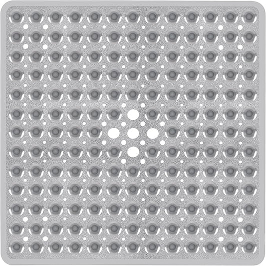 Square Shower Bathtub Mat Non Slip for Inside Shower Clear Grey 21x21 Inch, Shower Stall Mats for Bathroom Floor, Soft Bath Mat for Tub with Big Suction Cups Drain Holes, Easy Washable Dry