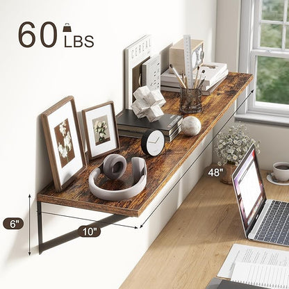 Floating Shelves 48 Inch Long, 10" Deep Floating Shelves, Wall Shelves 48 x 10, Set of 2, Wide Large Display Storage Shelves for Bathroom, Living Room, Rustic Wood Shelves with Brackets, Rustic Brown