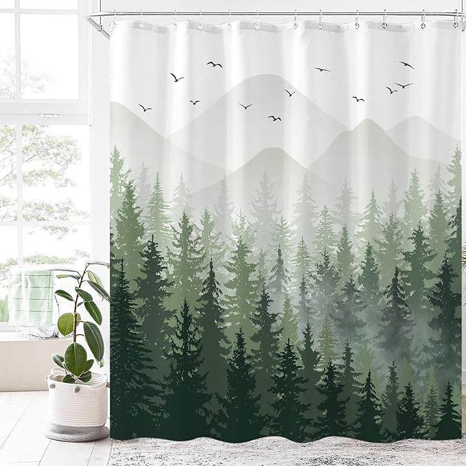 Aipon Green Misty Forest Shower Curtain Ombre Nature Tree Plants Shower Curtains Fabric Waterproof Mountain Shower Curtain Sets for Bathroom Bath Decor with 12 Hooks (Green, 72'' × 72'')