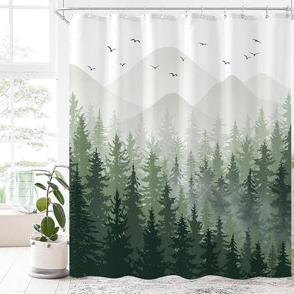 Aipon Green Misty Forest Shower Curtain Ombre Nature Tree Plants Shower Curtains Fabric Waterproof Mountain Shower Curtain Sets for Bathroom Bath Decor with 12 Hooks (Green, 72'' × 72'')